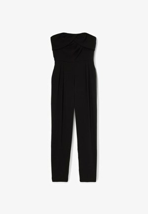 Salopette nera senza spalline con corpino attorcigliato, frontale plissettato e gambe dritte. Realizzata in tessuto morbido. Nessun ulteriore accento o dettaglio.