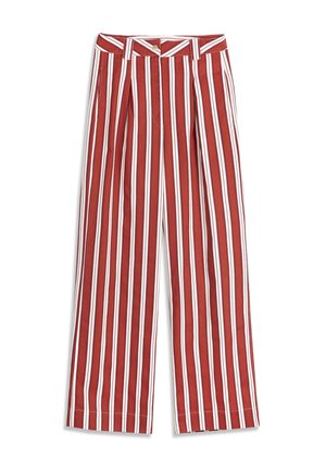 Red and white vertical striped wide-leg pants with a high waist and button closure at the front.