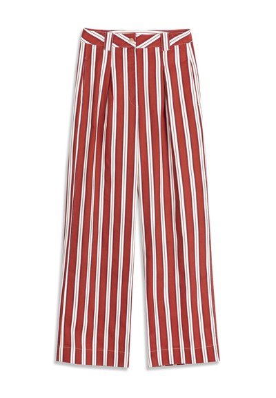 Pantalon large à jambes larges à rayures verticales rouges et blanches, taille haute avec fermeture à boutons à l'avant.