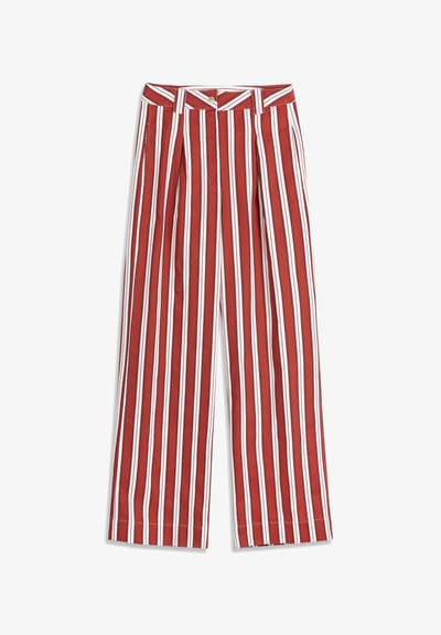 Pantalon large à jambes larges à rayures verticales rouges et blanches, taille haute avec fermeture à boutons à l'avant.