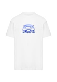 White t-shirt featuring a blue graphic of a rear view of a retro car with the text "Retro Car" in a stylized font below.