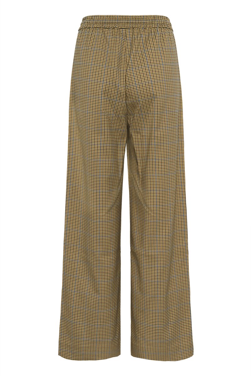 Wide-leg trousers in a yellow and black check pattern, featuring an elasticated waist and smooth texture.