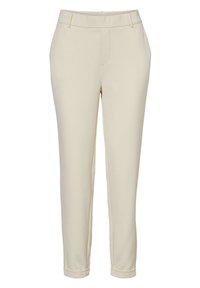 Beige skräddarsydda byxor i slät tyg, med platt midja, framfickor och uppvikta fållar för en strukturerad passform.