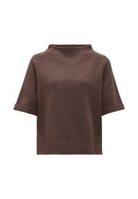 Top corto lavorato a maglia marrone con collo alto. Motivo testurizzato, vestibilità comoda e maniche ripiegate.