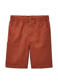 Shorts de couleur rouille avec une ceinture élastique, une fermeture à bouton, des poches latérales et une grande poche appliquée sur la jambe gauche. Texture lisse.