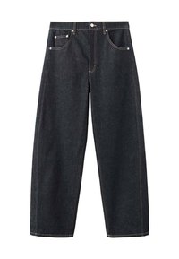 Vaqueros de mezclilla azul oscuro de pierna ancha con cinco bolsillos y costuras en contraste, mostrados extendidos sobre un fondo blanco.