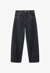 Vaqueros de mezclilla azul oscuro de pierna ancha con cinco bolsillos y costuras en contraste, mostrados extendidos sobre un fondo blanco.