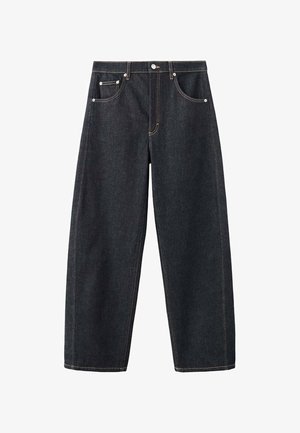 Donkerblauwe wijde spijkerbroek met vijf zakken en contrasterende stiksels, plat weergegeven op een witte achtergrond.