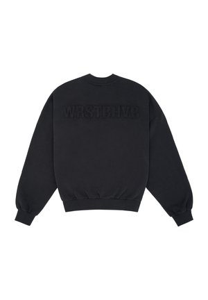 Sweat-shirt noir à manches longues avec poignets et ourlet côtelés, comportant un texte noir en relief « WRSTBHVR » sur le haut du dos.