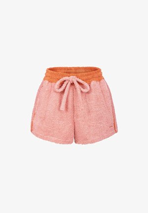 Różowe szorty z frotté z pomarańczową elastyczną talią, sznurkiem do wiązania, bocznymi kieszeniami i miękką fakturą.