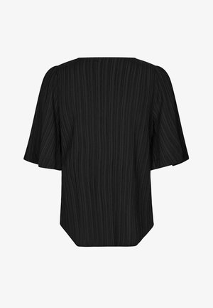 Black top with short wide sleeves, featuring a textured vertical stripe pattern. Contains a rounded neckline and a slightly curved hem.
