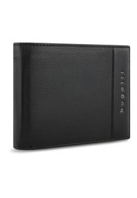 Portafoglio in pelle nera con finitura testurizzata. Presenta un design sottile, cuciture a contrasto e brandizzazione embossata su un lato.