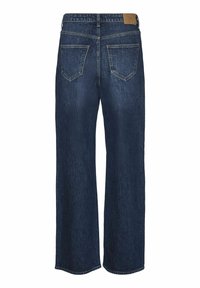Mörkblå denimjeans med rak benform, som har två bakfickor, minimal sömnad och en läderlapp på midjebandet.