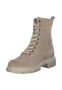 Beige Leder-Ankle-Boots mit einer strukturierten Oberfläche, runder Zehenpartie, Schnürverschluss und dicker Gummisohle für besseren Halt.