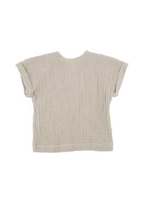 Hellgraues, zerknittertes Stoffoberteil mit kurzen Ärmeln und Rundhalsausschnitt; hat eine lockere, kastige Form und eine subtile Textur.