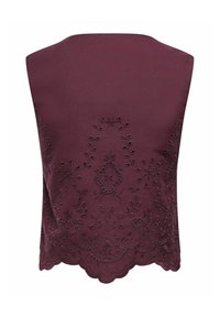Veste sans manches bordeaux avec ourlet festonné et broderie florale présentant des détails découpés sur le tissu.