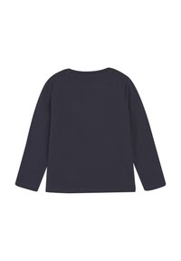 Marineblå langermet skjorte med rund hals, glatt tekstur og et enkelt design. Ingen mønstre eller dekorasjoner er synlige på baksiden.