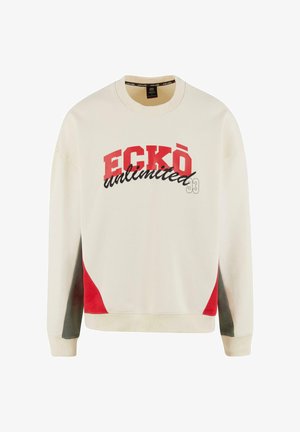Crème sweatshirt met de tekst "ECKŌ unlimited" in rode en zwarte letters. Bevat rode en grijze accenten aan de zijkanten. Ronde hals en lange mouwen. Mengsel van katoen.