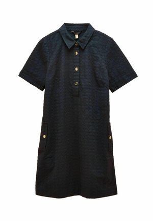 Dunkelblaues, strukturiertes kurzärmeliges Kleid mit Kragen, vier goldenen Knöpfen vorne und zwei seitlichen Taschen mit goldenen Knopfverschlüssen.