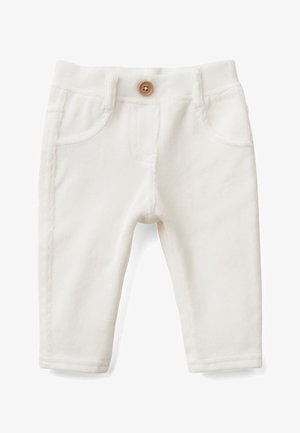 White corduroy baby pants with front pockets and a single brown button closure at the waist.