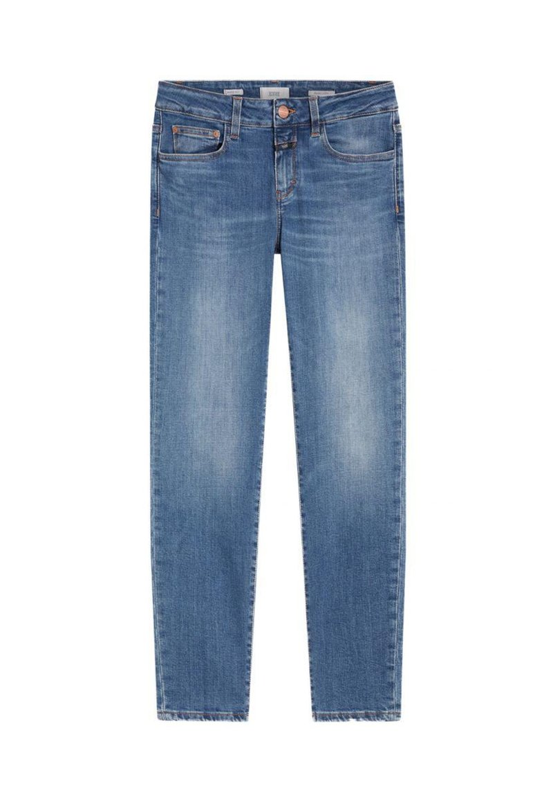 Light blue denim jeans with a slim fit, mid-rise waist, five pockets, and subtle fading. Features a button closure and stitched accents.