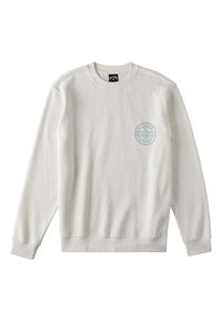 Felpa grigia con collo a girocollo e polsini a costine. Presenta un logo circolare verde e blu sul petto. Tessuto morbido e testurizzato.