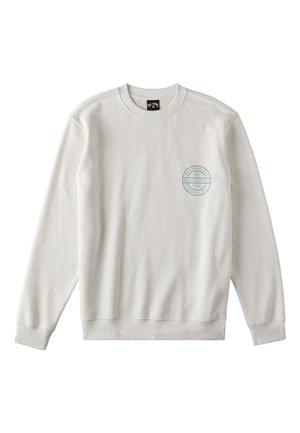 Felpa grigia con collo a girocollo e polsini a costine. Presenta un logo circolare verde e blu sul petto. Tessuto morbido e testurizzato.