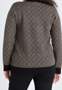 Pull en tricot avec un motif géométrique noir et beige, manches longues, ourlet et poignets côtelés. Porté avec un pantalon noir.