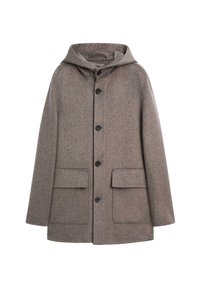 Cappotto marrone in misto lana con cappuccio, dal taglio dritto, con sei bottoni e due tasche frontali. La consistenza è morbida e leggermente strutturata.