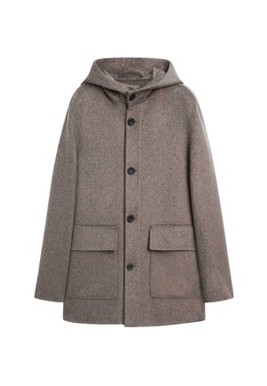 Brązowy płaszcz z mieszanki wełny z kapturem, o prostym kroju, z sześcioma guzikami i dwoma przednimi kieszeniami. Materiał jest miękki i lekko teksturowany.