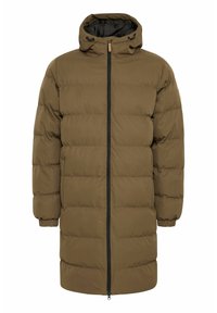 Puffer coat in olive green, featuring a zip front, hood with drawstrings, elastic cuffs, and quilted sections for insulation.