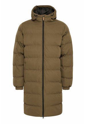 Õhukeste roheliste tonnides puffjakki, millel on luku ees, kapuuts, millel on nööri, elastsed mansetid ja isoleeritud õmblused.