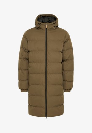 Õhukeste roheliste tonnides puffjakki, millel on luku ees, kapuuts, millel on nööri, elastsed mansetid ja isoleeritud õmblused.