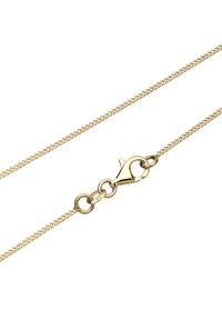 Gold-plated metal necklace with a braided design, featuring a lobster clasp and circular links for adjustable length.