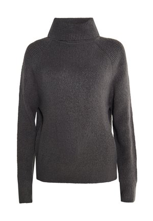 Pulover tricotat de culoare gri închis, cu guler înalt, textură din bumbac și mâneci lungi; are slituri laterale la margine pentru confort suplimentar.