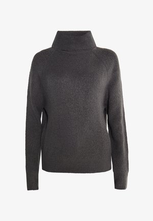 Suéter de punto gris oscuro con cuello alto, textura acanalada y mangas largas; presenta aberturas laterales en el dobladillo para mayor comodidad.