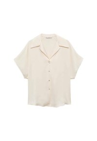 Short-sleeve cream button-up shirt with a pointed collar, smooth texture, and a relaxed fit. Features six buttons down the front.