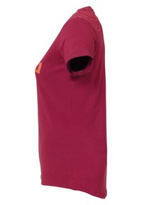 Maroon short-sleeve t-shirt made of cotton. Features orange print on the shoulder and upper chest. Straight hem with a relaxed fit.