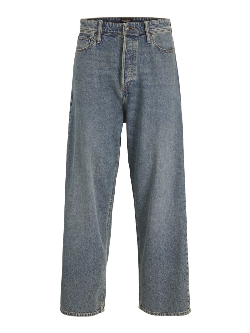 Jeans in denim azzurro chiaro a gamba larga con vitino alto, design a cinque tasche e cuciture visibili. Tessuto morbido con un aspetto leggermente sbiadito.