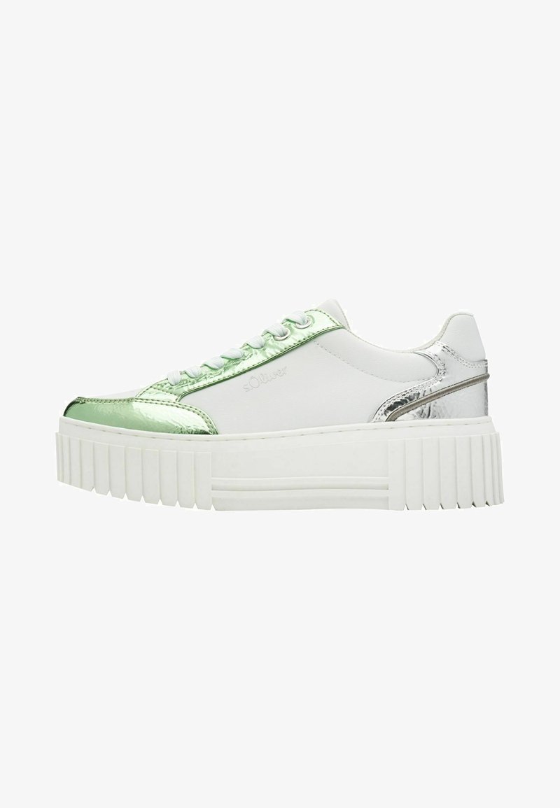 Sneaker platform bianche con accenti lucidi verdi e argentati, dotate di lingua imbottita, punta rotonda e suola in gomma testurizzata.