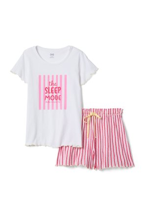 Top pigiama bianco a maniche corte con testo rosa "the SLEEP MODE" e pantaloncini a righe rosa con coulisse gialla e bordi ondulati.