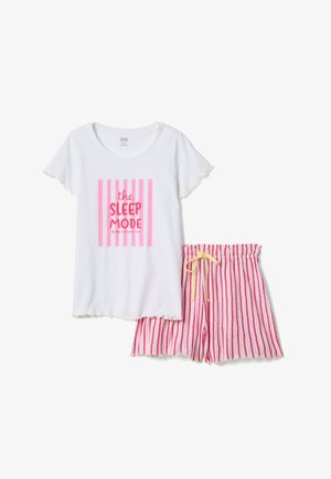 Haut de pyjama blanc à manches courtes avec texte rose « the SLEEP MODE » et short rayé rose avec cordon jaune et bords ondulés.