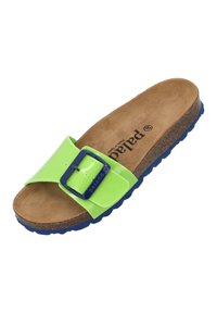 Green vinyl slide sandal with a blue rubber sole, adjustable strap featuring a rectangular buckle, and a brown cork insole.