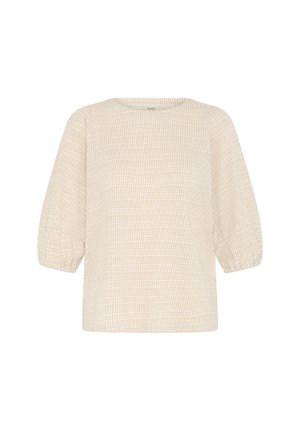 Gai beigā krāsa īsu piedurknu blūze ar brīvu piegriezumu, apaļu apkakli un teksturētu rūtainu rakstu visā virsmā. Puff piedurknes piešķir apjomu.