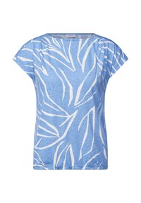 Top de manga corta azul claro con un acabado texturizado y un diseño de hojas blancas. Presenta un escote redondo y un ajuste holgado y relajado.