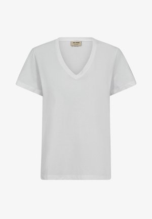 Valge puuvillane T-särk V-kaelusega, lühikeste varrukatega ja mugava lõikega. Sile tekstuur, peene õmbluse detailidega ja ilma mustriteta.