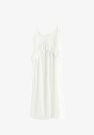 Biela, bezrukávová šaty s voľným strihom, s volánovými detailmi okolo výstrihu a strednej časti, vyrobené z ľahkej tkaniny.