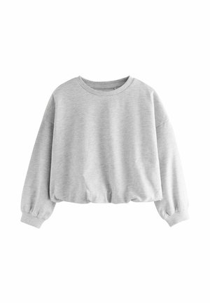 Grauer, kürzer geschnittener Sweatshirt mit langen, schmal zulaufenden Ärmeln, einem runden Ausschnitt und einer weichen Stoffstruktur. Mit gerippten Bündchen und Saum.