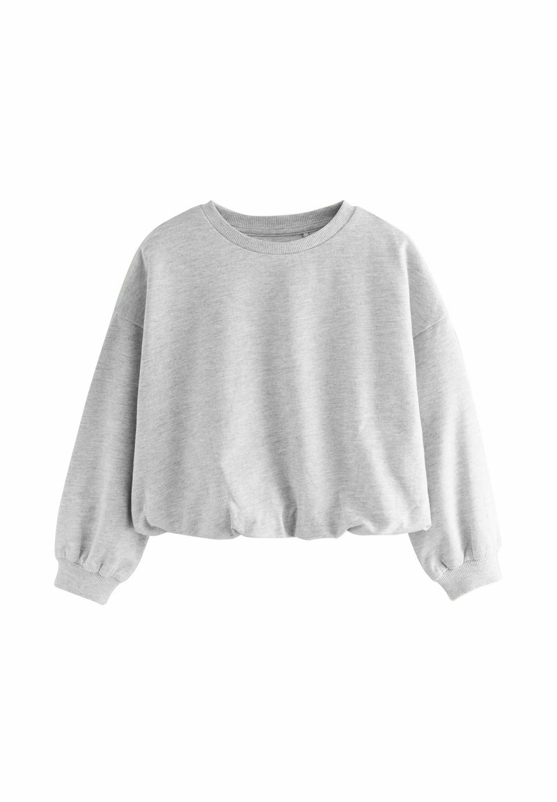 Grauer, kürzer geschnittener Sweatshirt mit langen, schmal zulaufenden Ärmeln, einem runden Ausschnitt und einer weichen Stoffstruktur. Mit gerippten Bündchen und Saum.