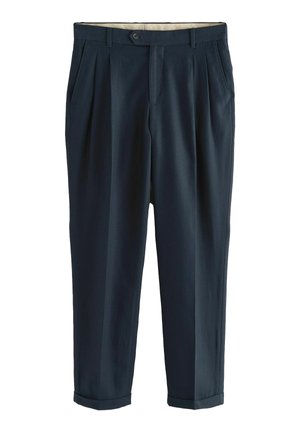 Men's navy blue tailored trousers with pleats, side pockets, button closure, and cuffed hems.